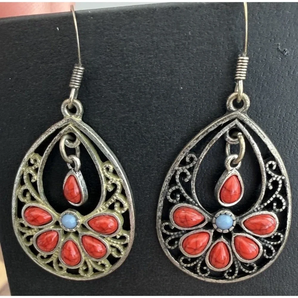 Faux Blue Turquoise & Coral Silver Southwestern Filigree Teardrop Earrings Boho